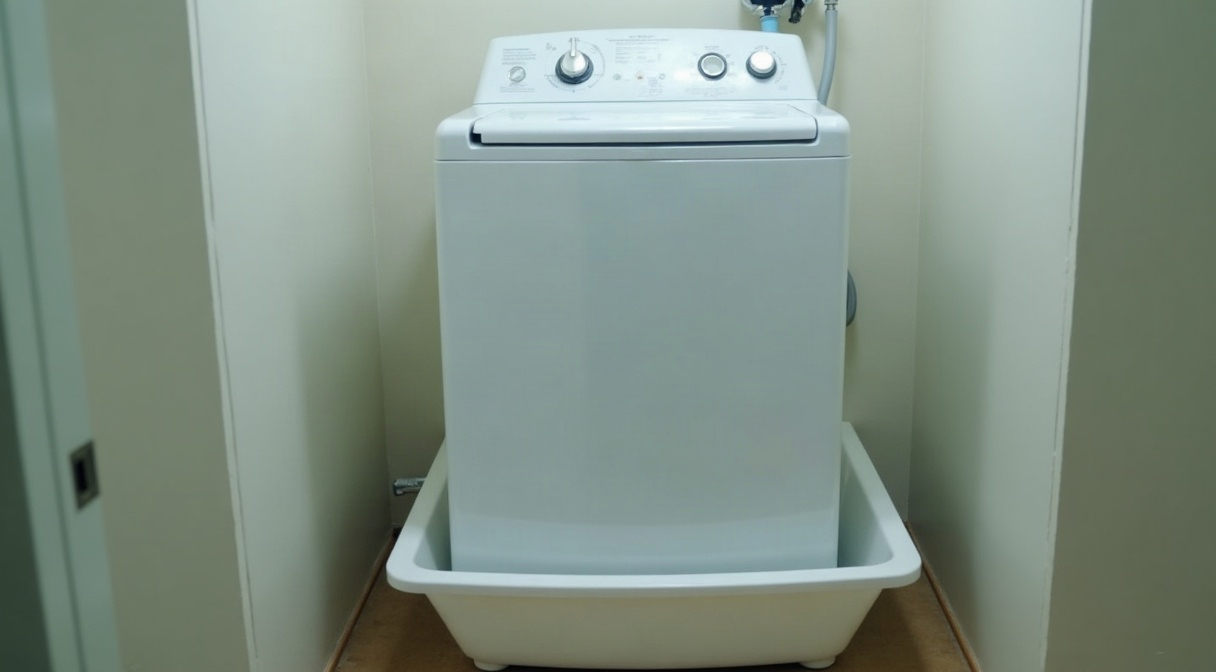 防水パンの上に置かれた洗濯機。パンの縁と洗濯機の脚、壁の水栓の位置が見えている